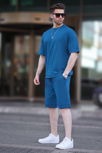 Petrol Mavisi Bisiklet Yaka Basic Erkek Şort Takımı 5953