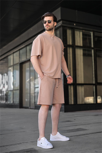Taş Rengi Tensel Kumaş Erkek Şort Tişört Takım E7349