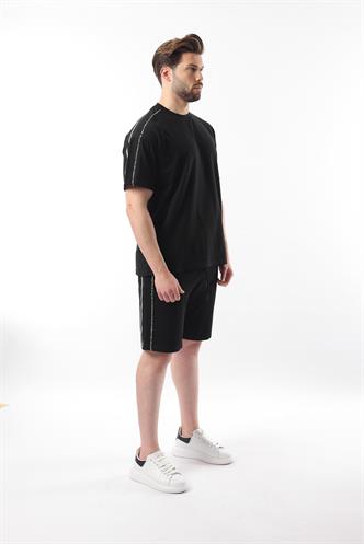 Siyah Overfit Baskılı Erkek Şort T-shirt Takım E7302
