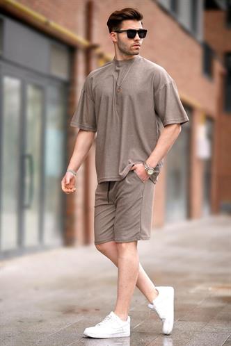 Kahverengi Bisiklet Yaka Erkek Şort Takımı 5949