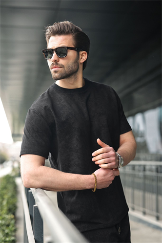 Siyah Batik Desenli Overfit Şort T-shirt Takım E7357