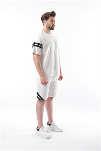 Ekru Şerit Detaylı Erkek Şort T-shirt Takım E7301