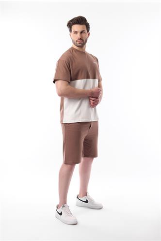 Kahverengi Baskılı Renk Bloklu Pamuklu Ayarlanabilir Bel Şort Takım 5952