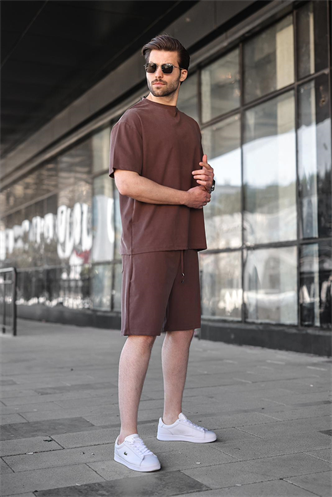 Kahverengi Tensel Kumaş Erkek Şort Tişört Takım E7349