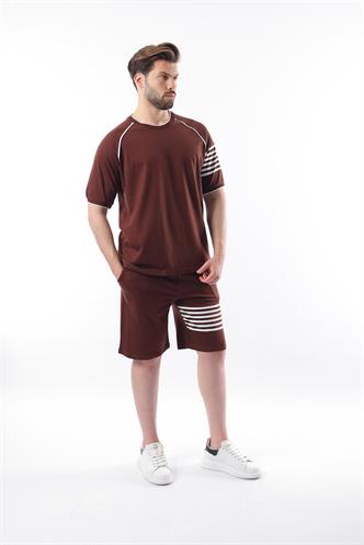 Acı Kahve Baskılı Reglan Kol Erkek Şort T-shirt Takımı E7306