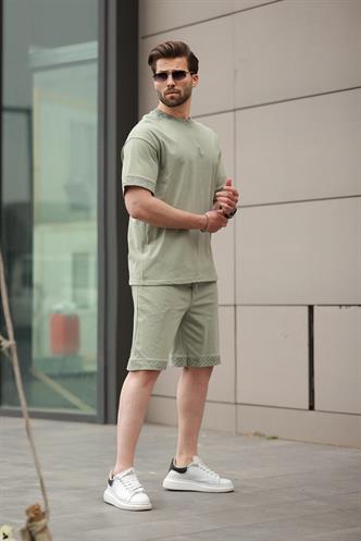 Mint Yeşili Baskılı %100 Pamuklu Erkek Şort Tişört Takım E7312