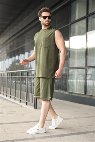 Haki Bisiklet Yaka Kolsuz Erkek Şort T-shirt Takım E7351