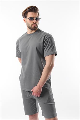 Füme Overfit Baskılı Erkek Şort T-shirt Takım E7302