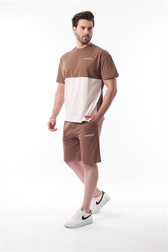 Kahverengi Baskılı Renk Bloklu Pamuklu Ayarlanabilir Bel Şort Takım 5952