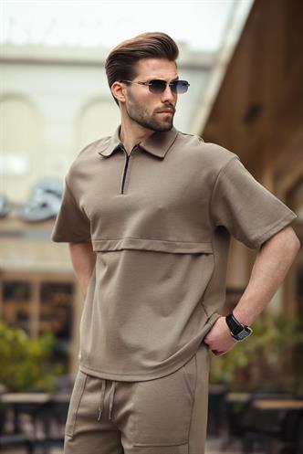 Kahverengi Fermuarlı Polo Yaka Erkek Şort Gömlek Takımı E7314