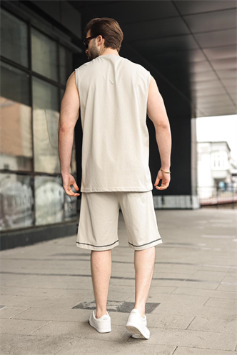 Boyalı Gri Bisiklet Yaka Kolsuz Erkek Şort T-shirt Takım E7351