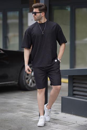 Siyah Bisiklet Yaka Erkek Şort Takımı 5949