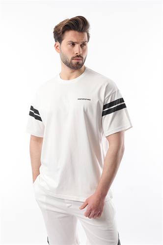 Ekru Şerit Detaylı Erkek Şort T-shirt Takım E7301