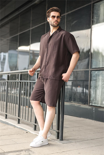 Kahverengi Tensel Kumaş Erkek Şort Gömlek Takım E7352