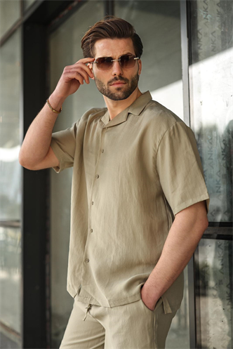 Mint Yeşili Tensel Kumaş Erkek Şort Gömlek Takım E7352