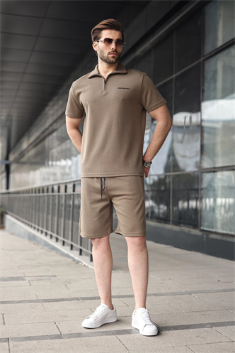 Haki Yarım Fermuarlı Polo Yaka T-shirt Şort Takım E7348