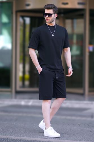 Siyah Bisiklet Yaka Basic Erkek Şort Takımı 5953