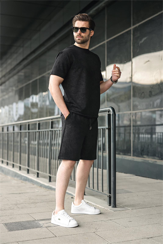 Siyah Batik Desenli Overfit Şort T-shirt Takım E7357