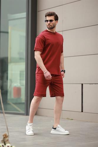 Bordo Baskılı %100 Pamuklu Erkek Şort Tişört Takım E7312