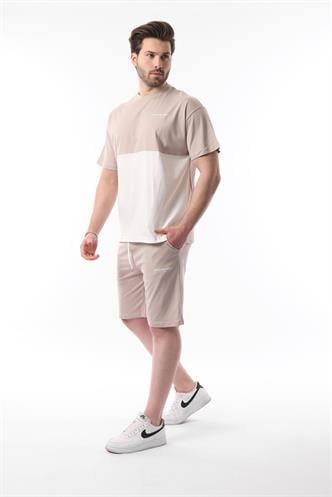 Bej Baskılı Renk Bloklu Pamuklu Ayarlanabilir Bel Şort Takım 5952