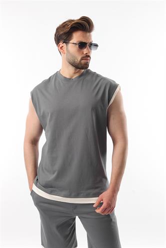 Füme  Sıfır Kol Erkek Şort T-shirt Takım E7308