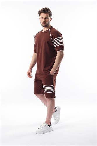 Acı Kahve Baskılı Reglan Kol Erkek Şort T-shirt Takımı E7306