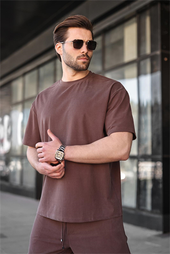 Kahverengi Tensel Kumaş Erkek Şort Tişört Takım E7349