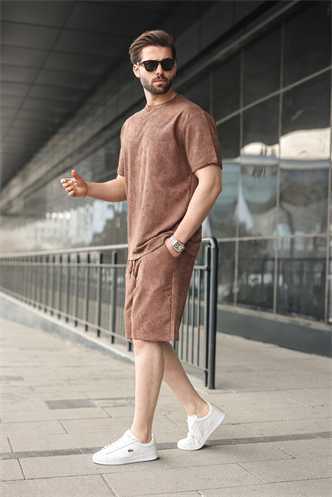 Kahverengi Batik Desenli Overfit Şort T-shirt Takım E7357