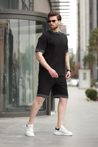 Siyah Baskılı %100 Pamuklu Erkek Şort Tişört Takım E7312