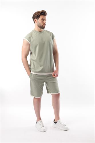 Mint Yeşili Sıfır Kol Erkek Şort T-shirt Takım E7308