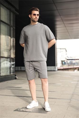 Füme Bisiklet Yaka Oversize Erkek Şort T-shirt Takım E7355