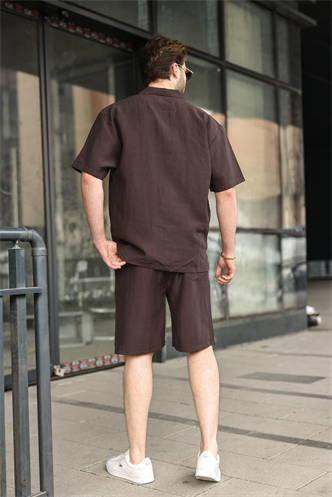 Kahverengi Tensel Kumaş Erkek Şort Gömlek Takım E7352