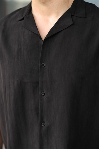 Siyah Tensel Kumaş Erkek Şort Gömlek Takım E7352