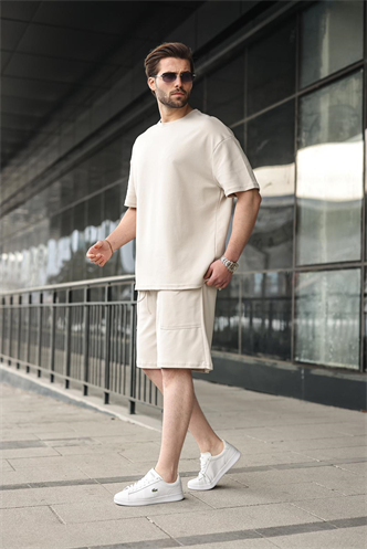 Taş Rengi Bisiklet Yaka Oversize Erkek Şort T-shirt Takım E7355