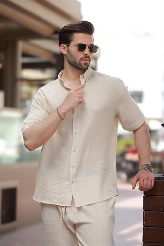 Bej Basic Erkek Şort Gömlek Takım E7321