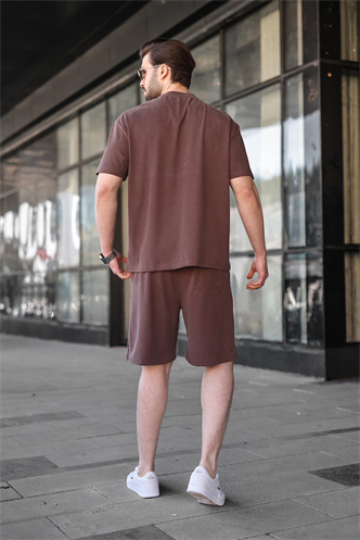 Kahverengi Tensel Kumaş Erkek Şort Tişört Takım E7349