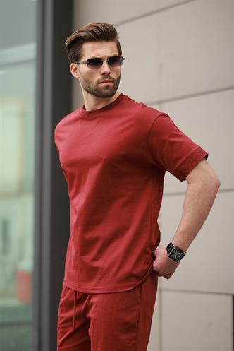 Bordo Baskılı %100 Pamuklu Erkek Şort Tişört Takım E7312