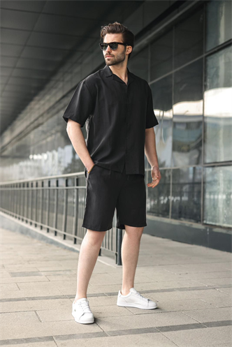 Siyah Tensel Kumaş Erkek Şort Gömlek Takım E7352