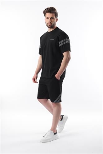 Siyah Şerit Detaylı Erkek Şort T-shirt Takım E7301