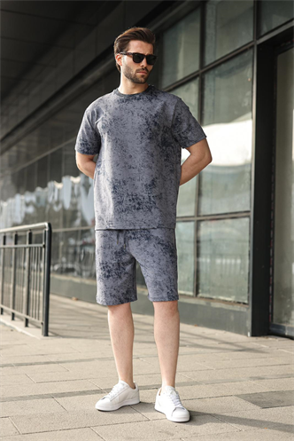 Lacivert Batik Desenli Overfit Şort T-shirt Takım E7357