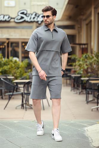Füme Fermuarlı Polo Yaka Erkek Şort Gömlek Takımı E7314