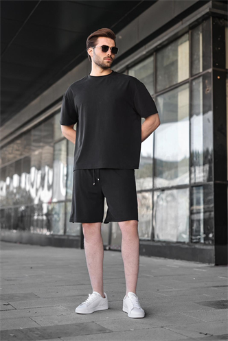 Siyah Tensel Kumaş Erkek Şort Tişört Takım E7349