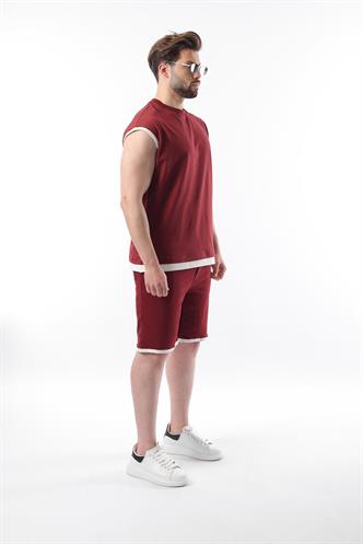 Bordo Sıfır Kol Erkek Şort T-shirt Takım E7308