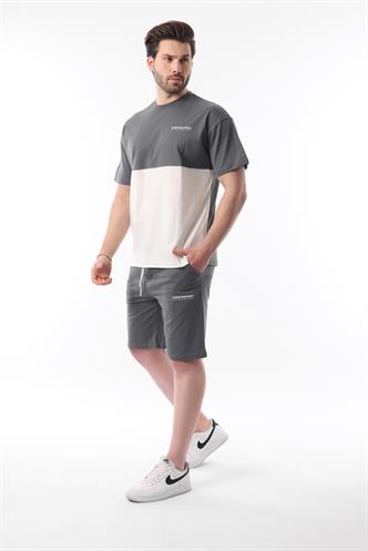 Füme Baskılı Renk Bloklu Pamuklu Ayarlanabilir Bel Şort Takım 5952