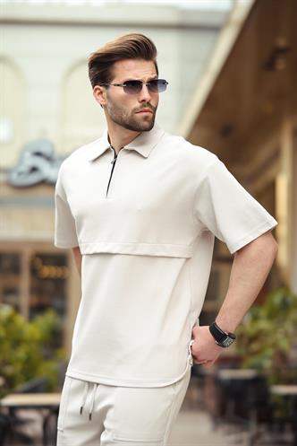 Taş Rengi Fermuarlı Polo Yaka Erkek Şort Gömlek Takımı E7314
