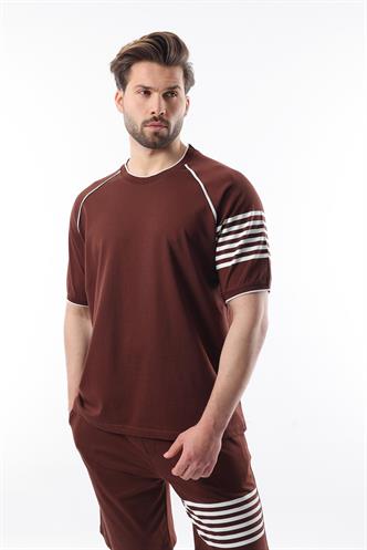 Acı Kahve Baskılı Reglan Kol Erkek Şort T-shirt Takımı E7306