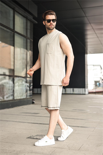 Boyalı Gri Bisiklet Yaka Kolsuz Erkek Şort T-shirt Takım E7351