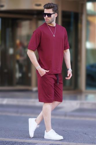 Bordo Bisiklet Yaka Basic Erkek Şort Takımı 5953