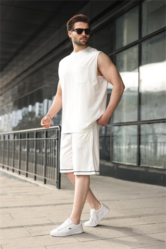 Ekru Bisiklet Yaka Kolsuz Erkek Şort T-shirt Takım E7351