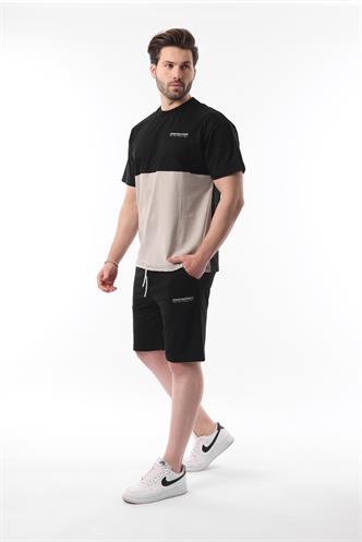 Siyah Baskılı Renk Bloklu Pamuklu Ayarlanabilir Bel Şort Takım 5952